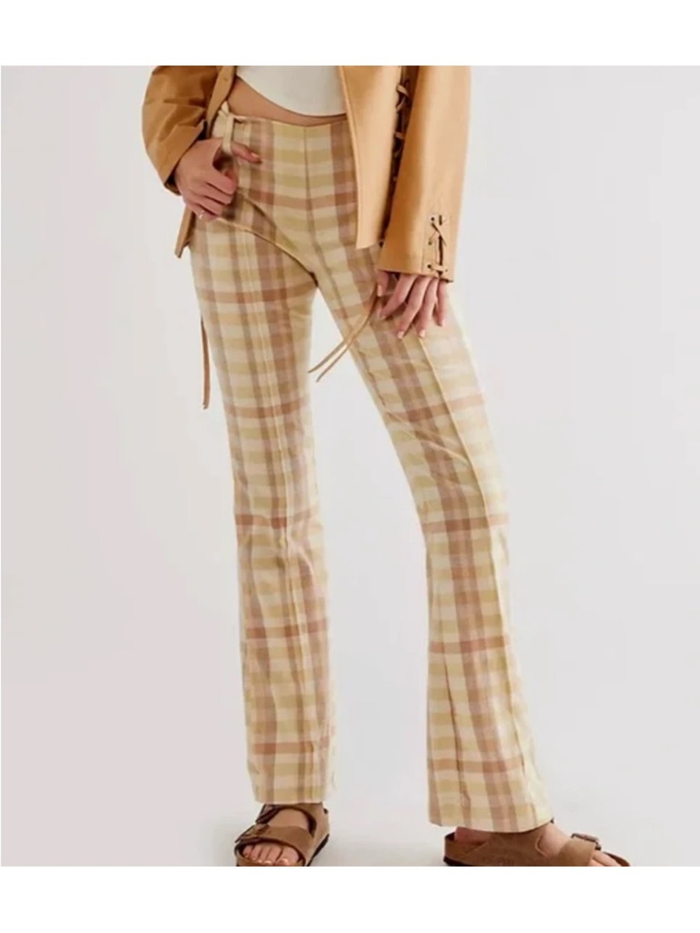 Free People The Way You Move Flare Pants Plaid Printed Zip Check New